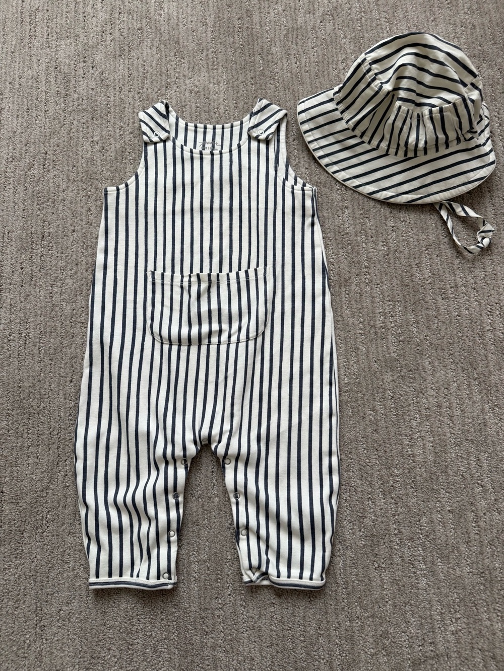 Pehr Striped Iron and White Baby Romper with Matching Hat